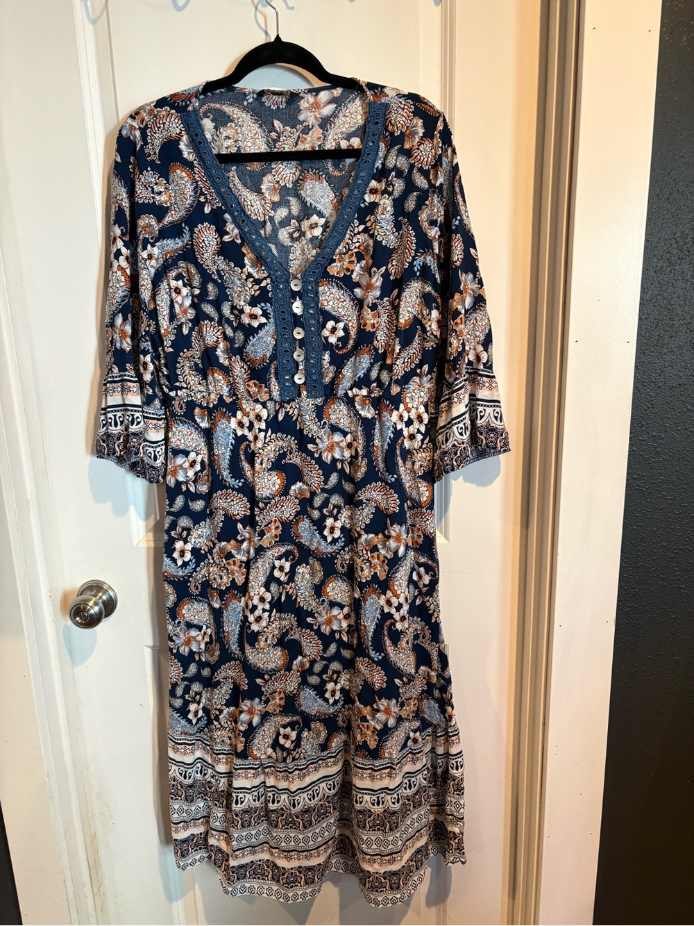 Bloomchic Floral Paisley Navy Midi Dress with Button V-Neck